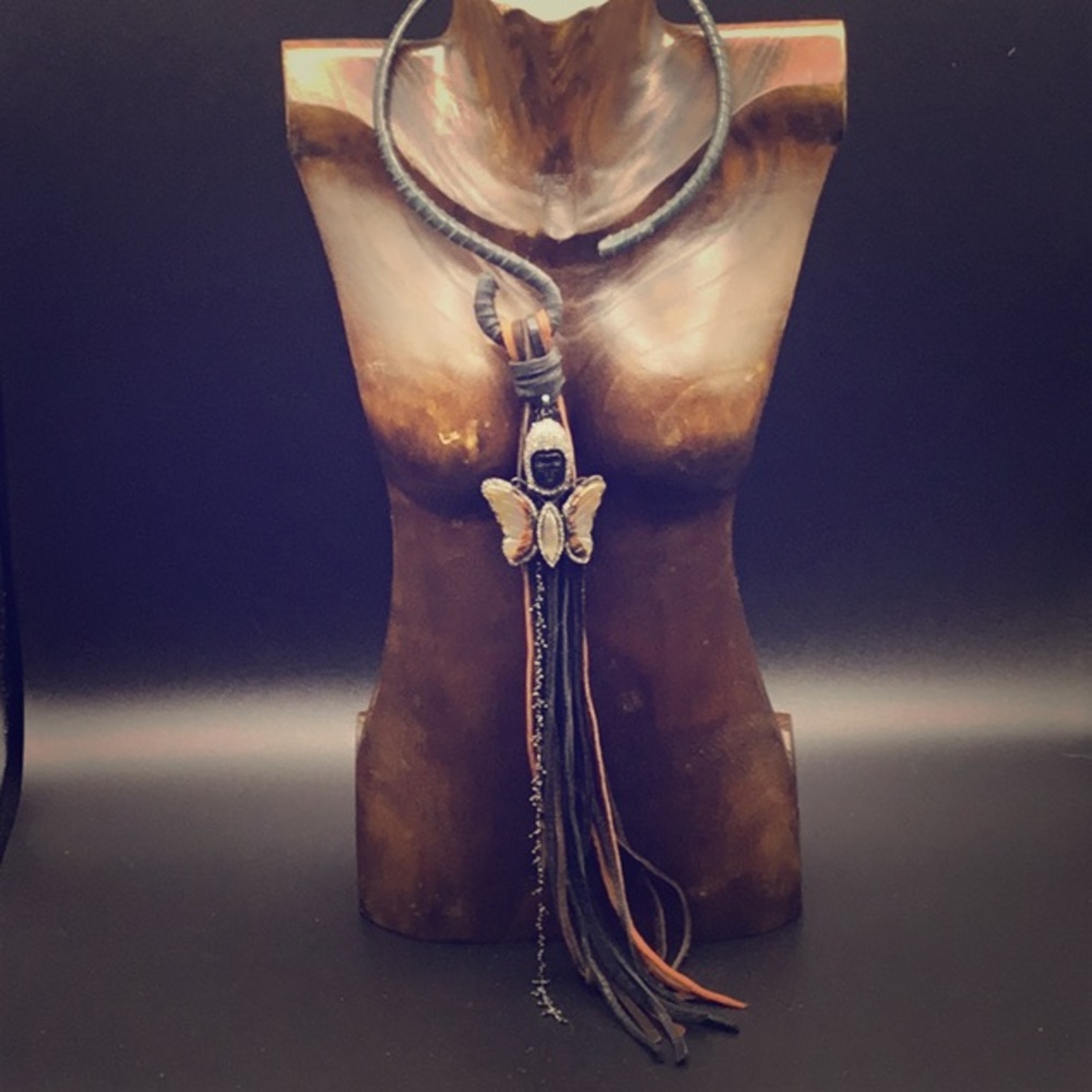 Leather wrapped necklace with Diamond pendant